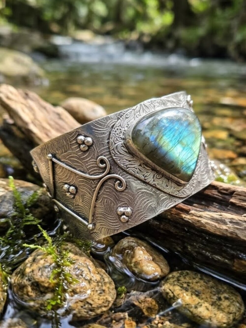 925 Silver Genuine Labradorite Artisanal Wide Open Cuff Bracelet Boho Statement - Picture 9 of 16